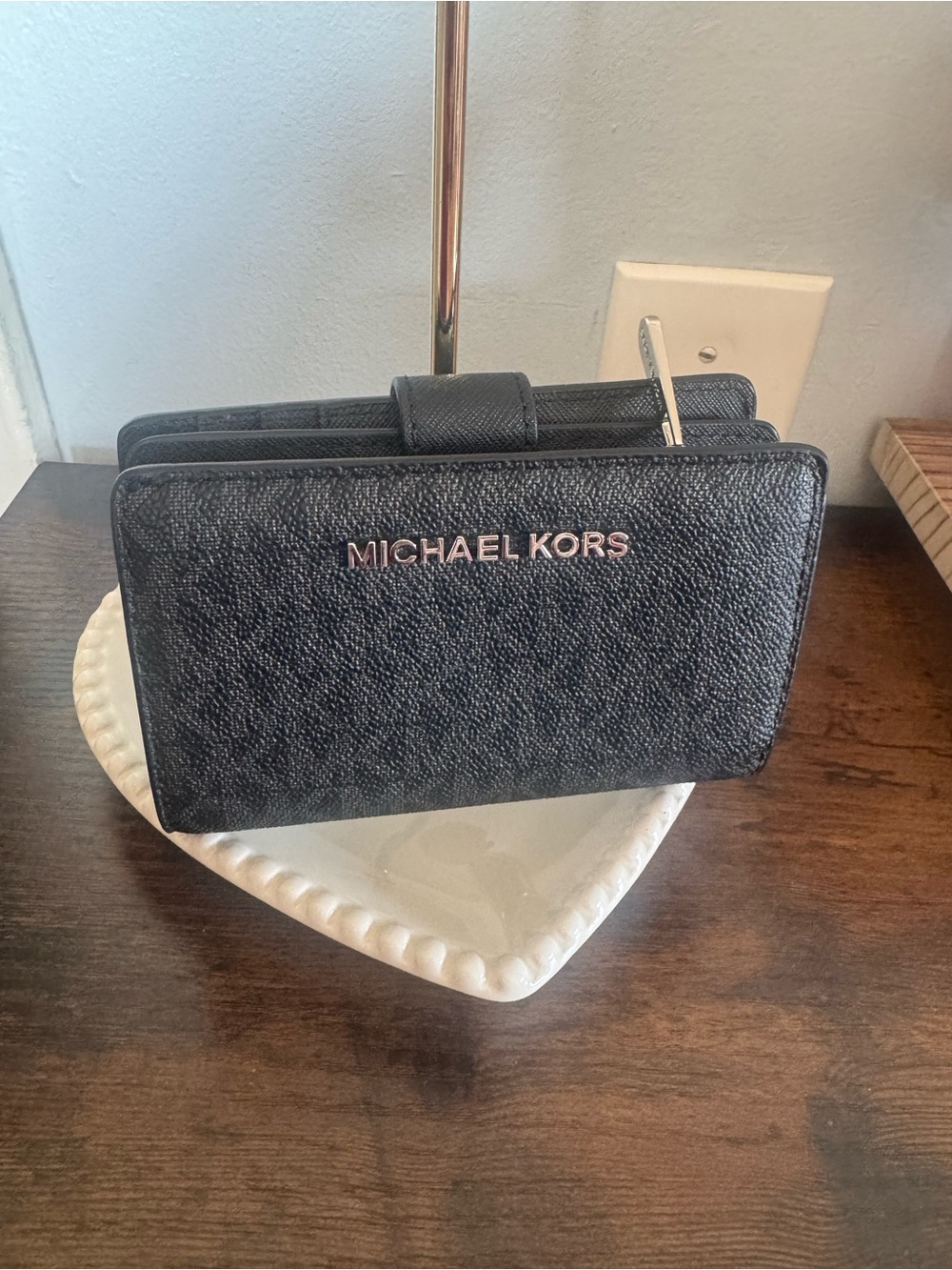 Michael Kors Black Textured Leather Zip Wallet with Logo